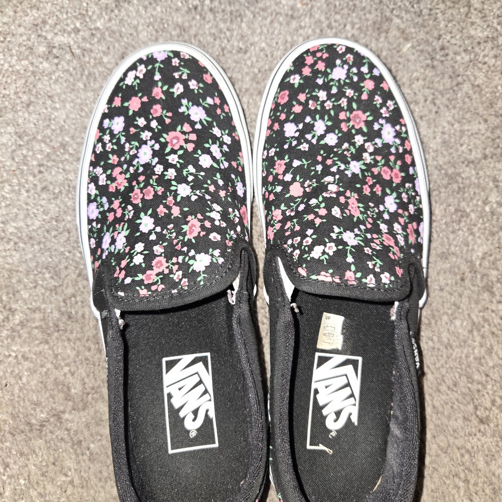 Vans Slip-On Floral Canvas Sneakers - Black with Pink & White Flowers